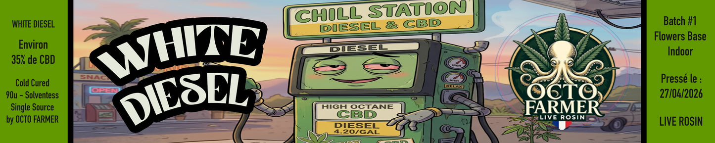 Rosin CBD White Diesel, image d'un personnage cartoon à une station de détente pour CBD, avec des éléments graphiques colorés.