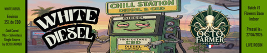 Rosin CBD White Diesel, image d'un personnage cartoon à une station de détente pour CBD, avec des éléments graphiques colorés.