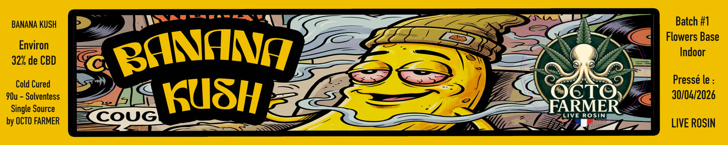 Image de Rosin CBD Banana Kush avec un design coloré et un personnage de banane, mettant en avant le produit.