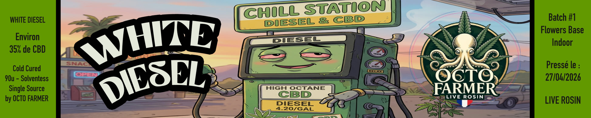Rosin CBD White Diesel, image d'un personnage cartoon à une station de détente pour CBD, avec des éléments graphiques colorés.