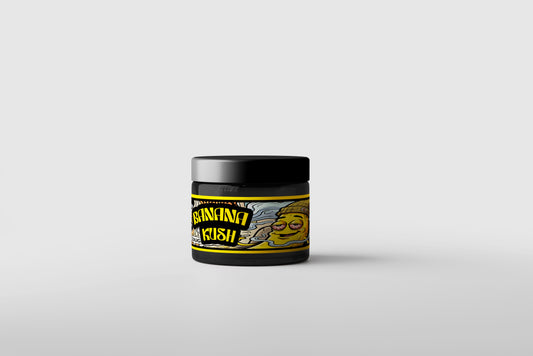 Rosin CBD - pot de 1g de Banana Kush avec étiquette colorée et design accrocheur.